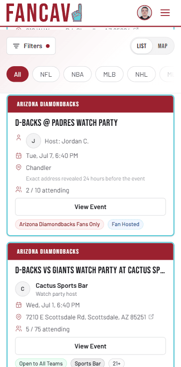 Fancav feed showing watch parties near you for your teams