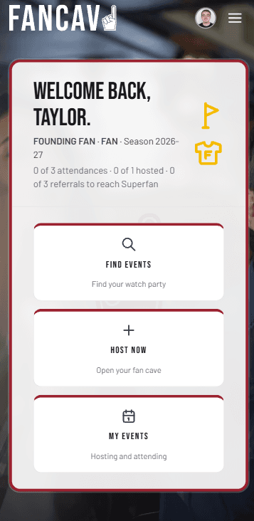 Fancav home screen showing your personalized game day hub